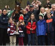 7 April 2019; Children of Michael O'Leary, Zack and Tianna O'Leary lead the way with the cup as the winner of the 2019 Randox Health Aintree Grand National Tiger Roll is led through the village of Summerhill in County Meath by grooms Karen Morgan, left, and Louise Dunne with trainer Gordon Elliott, left, and owner Michael O'Leary, right. Photo by Harry Murphy/Sportsfile