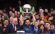 31 March 2019; Kevin McLoughlin of Mayo lifts the cup following the Allianz Football League Division 1 Final match between Kerry and Mayo at Croke Park in Dublin. Photo by Stephen McCarthy/Sportsfile