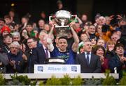 31 March 2019; Evan Regan of Mayo lifts the cup following the Allianz Football League Division 1 Final match between Kerry and Mayo at Croke Park in Dublin. Photo by Stephen McCarthy/Sportsfile