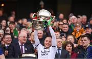 31 March 2019; Micheál Schlingermann of Mayo lifts the cup following the Allianz Football League Division 1 Final match between Kerry and Mayo at Croke Park in Dublin. Photo by Stephen McCarthy/Sportsfile