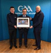 8 April 2019; Keith Loughman, Chairman of St Colmcilles GAA Club, with Ard Stiúrthóir of the GAA Tom Ryan, left, and Uachtarán Chumann Lúthchleas Gael John Horan, right, at the unveiling of the new GAA manifesto in both Irish and English at St Colmcilles GAA Club in Bettystown, Co Meath. The manifesto is an affirmation of the GAA's mission, vision and values, and a celebration of all the people who make the Association what it is. The intention is for the manifesto to be proudly displayed across the GAA network and wherever Gaelic Games are played at home and abroad&quot;. It marks the start of a wider support message that celebrates belonging to the GAA, which is centered around the statement: ‘GAA – Where We All Belong’ / CLG – Tá Áit Duinn Uilig’. Photo by Stephen McCarthy/Sportsfile