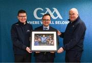 8 April 2019; Keith Loughman, Chairman of St Colmcilles GAA Club, with Ard Stiúrthóir of the GAA Tom Ryan, left, and Uachtarán Chumann Lúthchleas Gael John Horan, right, at the unveiling of the new GAA manifesto in both Irish and English at St Colmcilles GAA Club in Bettystown, Co Meath. The manifesto is an affirmation of the GAA's mission, vision and values, and a celebration of all the people who make the Association what it is. The intention is for the manifesto to be proudly displayed across the GAA network and wherever Gaelic Games are played at home and abroad&quot;. It marks the start of a wider support message that celebrates belonging to the GAA, which is centered around the statement: ‘GAA – Where We All Belong’ / CLG – Tá Áit Duinn Uilig’. Photo by Stephen McCarthy/Sportsfile