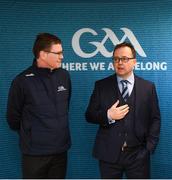 8 April 2019; Keith Loughman, Chairman of St Colmcilles GAA Club, with Ard Stiúrthóir of the GAA Tom Ryan, left, at the unveiling of the new GAA manifesto in both Irish and English at St Colmcilles GAA Club in Bettystown, Co Meath. The manifesto is an affirmation of the GAA's mission, vision and values, and a celebration of all the people who make the Association what it is. The intention is for the manifesto to be proudly displayed across the GAA network and wherever Gaelic Games are played at home and abroad&quot;. It marks the start of a wider support message that celebrates belonging to the GAA, which is centered around the statement: ‘GAA – Where We All Belong’ / CLG – Tá Áit Duinn Uilig’. Photo by Stephen McCarthy/Sportsfile