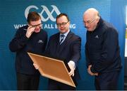 8 April 2019; Keith Loughman, Chairman of St Colmcilles GAA Club, with Ard Stiúrthóir of the GAA Tom Ryan, left, and Uachtarán Chumann Lúthchleas Gael John Horan, right, at the unveiling of the new GAA manifesto in both Irish and English at St Colmcilles GAA Club in Bettystown, Co Meath. The manifesto is an affirmation of the GAA's mission, vision and values, and a celebration of all the people who make the Association what it is. The intention is for the manifesto to be proudly displayed across the GAA network and wherever Gaelic Games are played at home and abroad&quot;. It marks the start of a wider support message that celebrates belonging to the GAA, which is centered around the statement: ‘GAA – Where We All Belong’ / CLG – Tá Áit Duinn Uilig’. Photo by Stephen McCarthy/Sportsfile