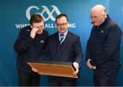 8 April 2019; Keith Loughman, Chairman of St Colmcilles GAA Club, with Ard Stiúrthóir of the GAA Tom Ryan, left, and Uachtarán Chumann Lúthchleas Gael John Horan, right, at the unveiling of the new GAA manifesto in both Irish and English at St Colmcilles GAA Club in Bettystown, Co Meath. The manifesto is an affirmation of the GAA's mission, vision and values, and a celebration of all the people who make the Association what it is. The intention is for the manifesto to be proudly displayed across the GAA network and wherever Gaelic Games are played at home and abroad&quot;. It marks the start of a wider support message that celebrates belonging to the GAA, which is centered around the statement: ‘GAA – Where We All Belong’ / CLG – Tá Áit Duinn Uilig’. Photo by Stephen McCarthy/Sportsfile