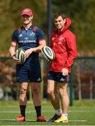 8 April 2019; Tyler Bleyendaal and Munster head coach Johann van Graan during Munster Rugby Squad Training at the University of Limerick in Limerick. Photo by Harry Murphy/Sportsfile