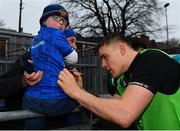 8 April 2019; 7 year old Fionn Duffy, from Waterford city, with Garry Ringrose during a signing session for Leinster Rugby season ticket holders at Energia Park in Donnybrook, Dublin. Photo by Ramsey Cardy/Sportsfile
