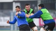 8 April 2019; Rob Kearney is tackled by Will Connors, left, and Max Deegan during Leinster squad training at Energia Park in Donnybrook, Dublin. Photo by Ramsey Cardy/Sportsfile