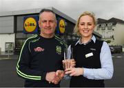 9 April 2019; The Lidl / Irish Daily Star Manager of the Month for March was announced today as Eamonn Murray from Meath. Under Eamonn’s guidance, Meath have progressed to the Division 3 semi-finals in the 2019 Lidl Ladies National Football League. Meath won six out of their seven group fixtures and they claimed victories in all three of their games in March, against Longford, Kildare and Wicklow. Eamonn was presented with his award by Laura Galligan, Store Manager, at the Lidl Store in Dunshaughlin, Co. Meath. Photo by Harry Murphy/Sportsfile