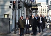 10 April 2019; Attending a meeting with the Oireachtas Committee on Sport at Dáil Éireann in Dublin are from left, FAI Director of Public Relations and Communications Cathal Dervan, FAI President Donal Conway, FAI Executive Vice President John Delaney, FAI Director of Competitions Fran Gavin, and FAI High Performance Director Ruud Dokter. Photo by Sam Barnes/Sportsfile