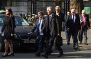 10 April 2019;  Attending a meeting with the Oireachtas Committee on Sport at Dáil Éireann in Dublin are from left, FAI Interim Chief Executive Rea Walshe, FAI President Donal Conway and FAI Executive Vice President John Delaney. Photo by Sam Barnes/Sportsfile