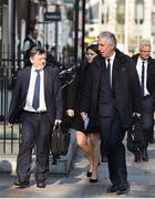 10 April 2019;  Attending a meeting with the Oireachtas Committee on Sport at Dáil Éireann in Dublin are from left, FAI President Donal Conway, FAI Interim Chief Executive Rea Walshe, and FAI Executive Vice President John Delaney. Photo by Sam Barnes/Sportsfile