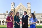 10 April 2019; Attendees, from left, Lorraine Ryan, Galway camogie player, Maria Kinsella, WGPA Chair, John McHale, Professor of Economics and Dean of the College of Business, Public Policy, and Law, at NUI Galway, and Róisín Wynne, Roscommon ladies footballer, at the launch of NUI Galway Scholarships with GPA and WGPA at NUI Galway in Galway. Photo by Piaras Ó Mídheach/Sportsfile