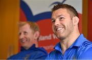 12 April 2019; MS Ireland are a charity partner of Leinster Rugby and as part of their partnership they will have a match day take-over at the RDS Arena tomorrow. Ahead of the game Leo Cullen and Seán O’Brien visited staff and patients at the MS Ireland Care Centre in Dublin. Pictured is Seán O'Brien, right, and head coach Leo Cullen. Photo by Ramsey Cardy/Sportsfile