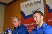 12 April 2019; MS Ireland are a charity partner of Leinster Rugby and as part of their partnership they will have a match day take-over at the RDS Arena tomorrow. Ahead of the game Leo Cullen and Seán O’Brien visited staff and patients at the MS Ireland Care Centre in Dublin. Pictured is Seán O'Brien, right, and head coach Leo Cullen. Photo by Ramsey Cardy/Sportsfile