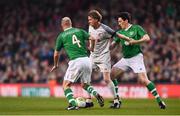 12 April 2019; Steve McManaman of Liverpool FC Legends in action against Kenny Cunningham and Keith Andrews of Republic of Ireland XI during the Sean Cox Fundraiser match between the Republic of Ireland XI and Liverpool FC Legends at the Aviva Stadium in Dublin. Photo by Sam Barnes/Sportsfile