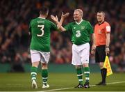 12 April 2019; Ray Houghton comes on in place of Ian Harte of Republic of Ireland XI during the Sean Cox Fundraiser match between the Republic of Ireland XI and Liverpool FC Legends at the Aviva Stadium in Dublin. Photo by Stephen McCarthy/Sportsfile