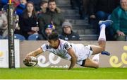 12 April 2019; Robert Baloucoune of Ulster goes over to score his sides second try during the Guinness PRO14 Round 20 match between Edinburgh and Ulster at BT Murrayfield in Edinburgh, Scotland. Photo by Ross Parker/Sportsfile