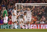 12 April 2019; John Aldridge of Liverpool FC Legends, centre, celebrates after scoring their side’s first goal with team-mates Steve McManaman, Jason McAteer and Patrick Berger during the Sean Cox Fundraiser match between the Republic of Ireland XI and Liverpool FC Legends at the Aviva Stadium in Dublin. Photo by Stephen McCarthy/Sportsfile