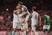 12 April 2019; John Aldridge of Liverpool FC Legends, left, celebrates after scoring their side’s first goal with, from left, Patrik Berger, Steve McManaman and Jason McAteer during the Sean Cox Fundraiser match between the Republic of Ireland XI and Liverpool FC Legends at the Aviva Stadium in Dublin. Photo by Sam Barnes/Sportsfile