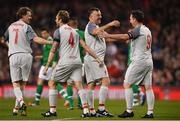 12 April 2019; John Aldridge of Liverpool FC Legends, second from right, celebrates after scoring their side’s first goal with Robbie Fowler during the Sean Cox Fundraiser match between the Republic of Ireland XI and Liverpool FC Legends at the Aviva Stadium in Dublin. Photo by Sam Barnes/Sportsfile