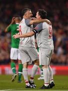 12 April 2019; John Aldridge of Liverpool FC Legends, left, celebrates after scoring their side’s first goal with Robbie Fowler during the Sean Cox Fundraiser match between the Republic of Ireland XI and Liverpool FC Legends at the Aviva Stadium in Dublin. Photo by Sam Barnes/Sportsfile