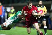 12 April 2019; Shane Daly of Munster scores a try despite the tackle of Dewaldt Duvenage of Benetton Treviso  during the Guinness PRO14 Round 20 game between Benetton Treviso and Munster Rugby at Stadio di Monigo in Treviso, Italy. Photo by Roberto Bregani/Sportsfile