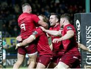12 April 2019; Munster players celebrate a try scored by Alby Mathewson, left, during the Guinness PRO14 Round 20 game between Benetton Treviso and Munster Rugby at Stadio di Monigo in Treviso, Italy. Photo by Roberto Bregani/Sportsfile