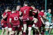 12 April 2019; Munster players celebrate a try scored by Alby Mathewson during the Guinness PRO14 Round 20 game between Benetton Treviso and Munster Rugby at Stadio di Monigo in Treviso, Italy. Photo by Roberto Bregani/Sportsfile