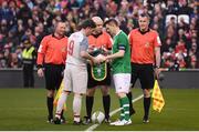 12 April 2019; Liverpool FC Legends captain Robbie Fowler, left, and Republic of Ireland XI captain Robbie Keane exchange pennants prior to the Sean Cox Fundraiser match between the Republic of Ireland XI and Liverpool FC Legends at the Aviva Stadium in Dublin. Photo by Stephen McCarthy/Sportsfile