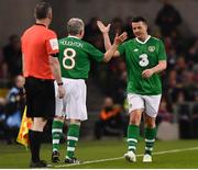 12 April 2019; Ian Harte of Republic of Ireland XI is substituted for Ray Houghton during the Sean Cox Fundraiser match between the Republic of Ireland XI and Liverpool FC Legends at the Aviva Stadium in Dublin. Photo by Sam Barnes/Sportsfile