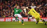 12 April 2019; Stephen Elliott of Republic of Ireland XI in action against Sander Westerveld of Liverpool FC Legends during the Sean Cox Fundraiser match between the Republic of Ireland XI and Liverpool FC Legends at the Aviva Stadium in Dublin. Photo by Sam Barnes/Sportsfile