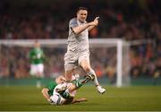 12 April 2019; Robbie Keane of of Liverpool FC Legends in action against Kenny Cunningham of Republic of Ireland XI during the Sean Cox Fundraiser match between the Republic of Ireland XI and Liverpool FC Legends at the Aviva Stadium in Dublin. Photo by Stephen McCarthy/Sportsfile