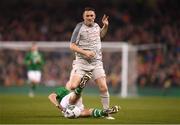 12 April 2019; Robbie Keane of of Liverpool FC Legends in action against Kenny Cunningham of Republic of Ireland XI during the Sean Cox Fundraiser match between the Republic of Ireland XI and Liverpool FC Legends at the Aviva Stadium in Dublin. Photo by Stephen McCarthy/Sportsfile