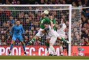 12 April 2019; Kenny Cunningham and Ian Harte of Republic of Ireland XI in action against Robbie Fowler and Jason McAteer of Liverpool FC Legends during the Sean Cox Fundraiser match between the Republic of Ireland XI and Liverpool FC Legends at the Aviva Stadium in Dublin. Photo by Stephen McCarthy/Sportsfile