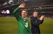 12 April 2019; Kevin Doyle, left, and Kevin Foley of Republic of Ireland XI after the Sean Cox Fundraiser match between the Republic of Ireland XI and Liverpool FC Legends at the Aviva Stadium in Dublin. Photo by Stephen McCarthy/Sportsfile
