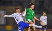 12 April 2019; Jake Ellis of Republic of Ireland in action against Carter Lycett of England during the SAFIB Centenary Shield Under 18 Boys' International match between Republic of Ireland and England at Dalymount Park in Dublin. Photo by Ben McShane/Sportsfile
