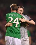 12 April 2019; Jason McAteer of Republic of Ireland XI and Robbie Keane of Liverpool FC Legends after the Sean Cox Fundraiser match between the Republic of Ireland XI and Liverpool FC Legends at the Aviva Stadium in Dublin. Photo by Stephen McCarthy/Sportsfile