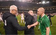 12 April 2019; Republic of Ireland manager Mick McCarthy and Kenny Cunningham of Republic of Ireland XI after the Sean Cox Fundraiser match between the Republic of Ireland XI and Liverpool FC Legends at the Aviva Stadium in Dublin. Photo by Stephen McCarthy/Sportsfile