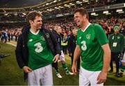 12 April 2019; Kevin Kilbane, left, and Niall Quinn of Republic of Ireland XI following the Sean Cox Fundraiser match between the Republic of Ireland XI and Liverpool FC Legends at the Aviva Stadium in Dublin. Photo by Stephen McCarthy/Sportsfile