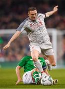 12 April 2019; Robbie Keane of Liverpool FC Legends is tackled by Kenny Cunningham of Republic of Ireland XI during the Sean Cox Fundraiser match between the Republic of Ireland XI and Liverpool FC Legends at the Aviva Stadium in Dublin. Photo by Stephen McCarthy/Sportsfile