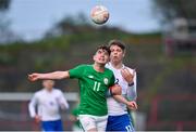 12 April 2019; Colin Kelly of Republic of Ireland in action against Adam Crowther of England during the SAFIB Centenary Shield Under 18 BoysÕ International match between Republic of Ireland and England at Dalymount Park in Dublin. Photo by Ben McShane/Sportsfile