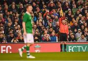 12 April 2019; Assistant referee Brian Fenlon flags Robbie Keane of Republic of Ireland XI for offside during the Sean Cox Fundraiser match between the Republic of Ireland XI and Liverpool FC Legends at the Aviva Stadium in Dublin. Photo by Stephen McCarthy/Sportsfile