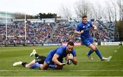 13 April 2019; Dave Kearney of Leinster on his way to score his side's first try despite the tackle of Stuart Hogg of Glasgow Warriors during the Guinness PRO14 Round 20 match between Leinster and Glasgow Warriors at the RDS Arena in Dublin. Photo by Stephen McCarthy/Sportsfile