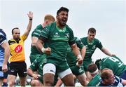 13 April 2019; Bundee Aki of Connacht celebrates his side's second try, scored by team-mate Gavin Thornbury, during the Guinness PRO14 Round 20 match between Connacht and Cardiff Blues at The Sportsground in Galway. Photo by Piaras Ó Mídheach/Sportsfile
