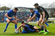 13 April 2019; Rob Kearney of Leinster celebrates with team-mates Ross Byrne, left, and Dave Kearney after scoring his side's third try during the Guinness PRO14 Round 20 match between Leinster and Glasgow Warriors at the RDS Arena in Dublin. Photo by Ramsey Cardy/Sportsfile