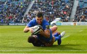 13 April 2019; Rob Kearney of Leinster dives over to score his side's third try despite the tackle of Ali Price of Glasgow Warriors during the Guinness PRO14 Round 20 match between Leinster and Glasgow Warriors at the RDS Arena in Dublin. Photo by Ramsey Cardy/Sportsfile