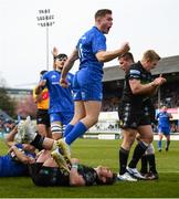 13 April 2019; Jordan Larmour celebrates after his Leinster team-mate Dave Kearney scored their side's fourth try during the Guinness PRO14 Round 20 match between Leinster and Glasgow Warriors at the RDS Arena in Dublin. Photo by Stephen McCarthy/Sportsfile