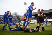 13 April 2019; Jordan Larmour celebrates after his Leinster team-mate Dave Kearney scored their side's fourth try during the Guinness PRO14 Round 20 match between Leinster and Glasgow Warriors at the RDS Arena in Dublin. Photo by Stephen McCarthy/Sportsfile