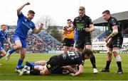 13 April 2019; Jordan Larmour celebrates as his Leinster team-mate Dave Kearney goes over to score his side's fourth try during the Guinness PRO14 Round 20 match between Leinster and Glasgow Warriors at the RDS Arena in Dublin. Photo by Stephen McCarthy/Sportsfile